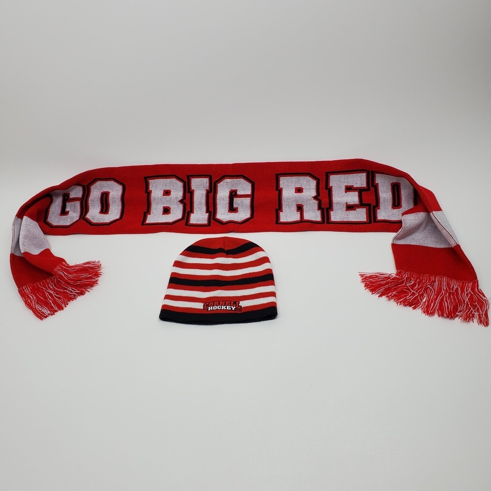 Cornell University‎ Big Red Hockey Beanie Hat and Scarf Set Red White Black Knit